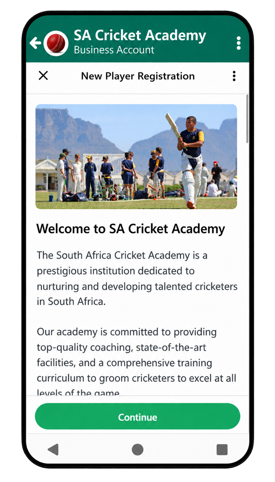 WhatsApp Flow cricket registration screen 1