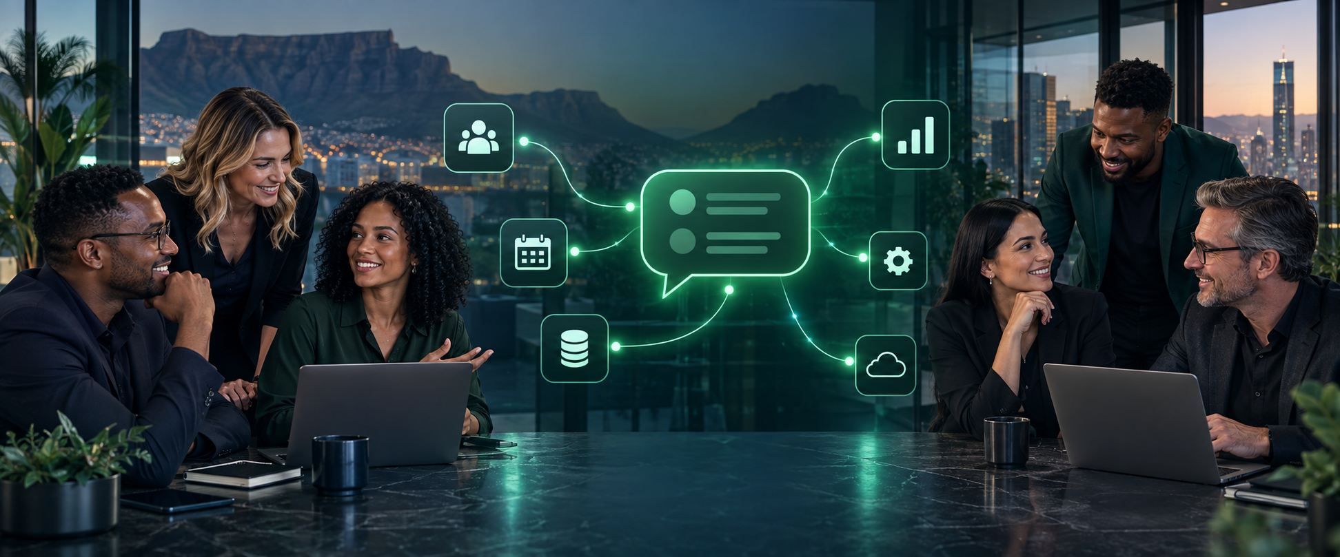 A diverse technology team connecting business systems and customer conversations