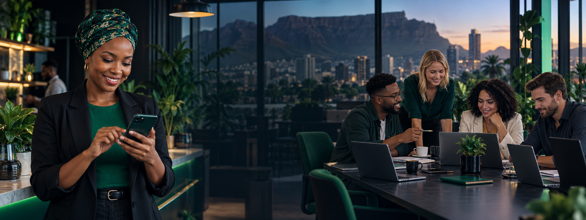 A diverse business team combining mobile WhatsApp use with a shared inbox