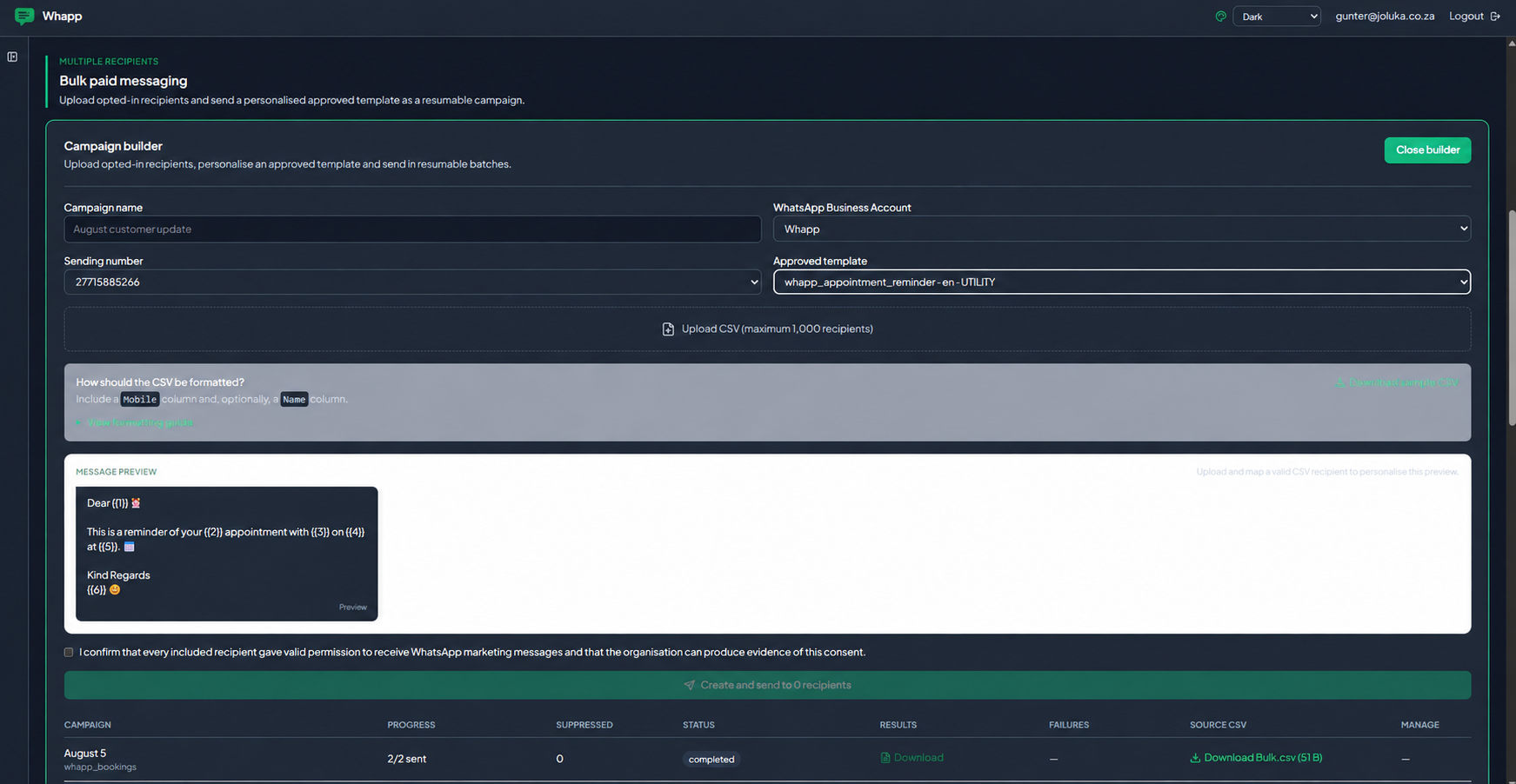 Whapp bulk WhatsApp campaign builder in the Whapp platform