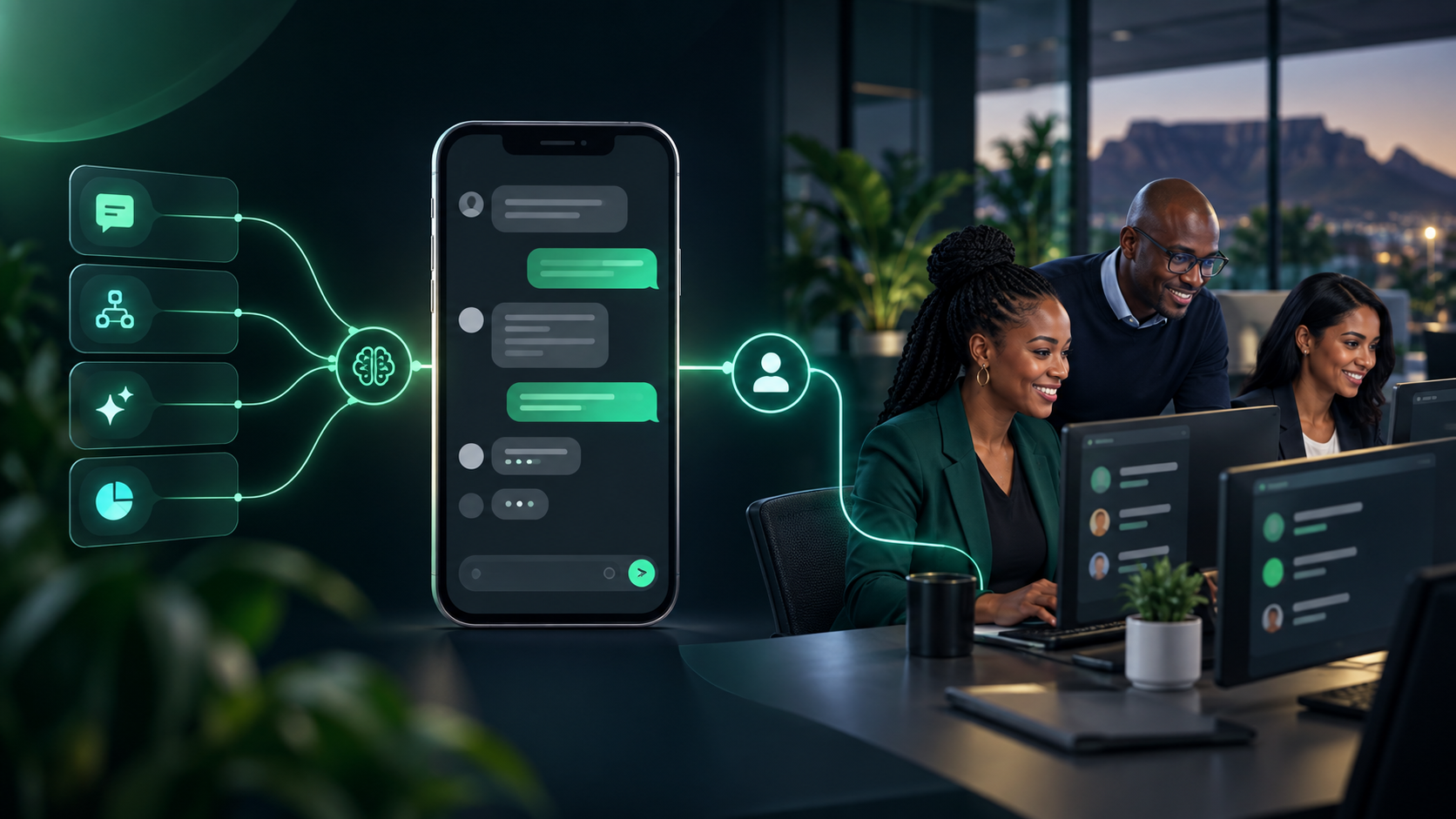 AI-assisted WhatsApp automation connecting customer conversations to a collaborative South African support team