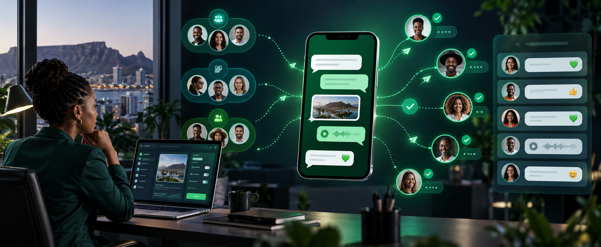 Personalised WhatsApp campaign flowing to segmented customer audiences and a shared response inbox
